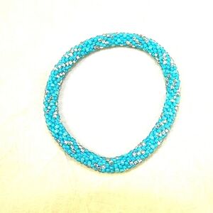 Vintage Loom-Woven Seed Bead Artisan Bracelet Silver &  Turquoise Blue Roll On